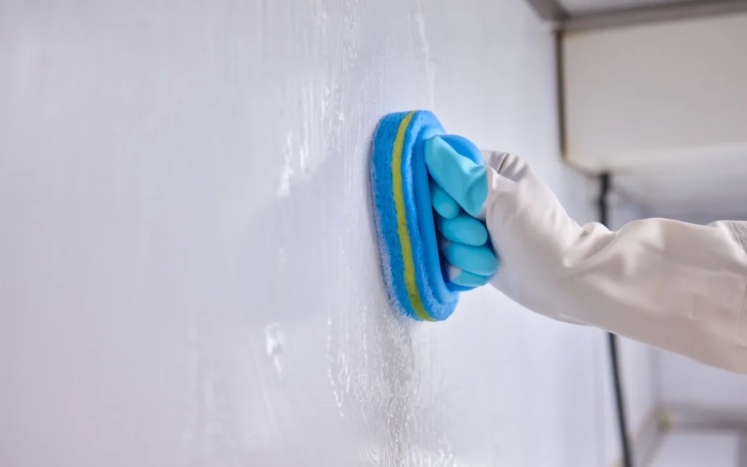 Limpieza de una pared pintada con una esponja