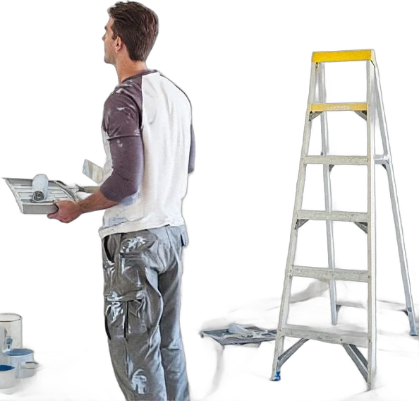 Pintor con bandeja y rodillo junto a una escalera